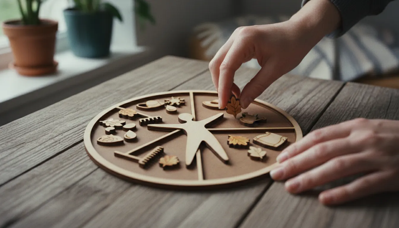 Bonsai Baum auf einem Außentisch im Frühling mit frischen grünen Trieben und einem Pflegeset daneben