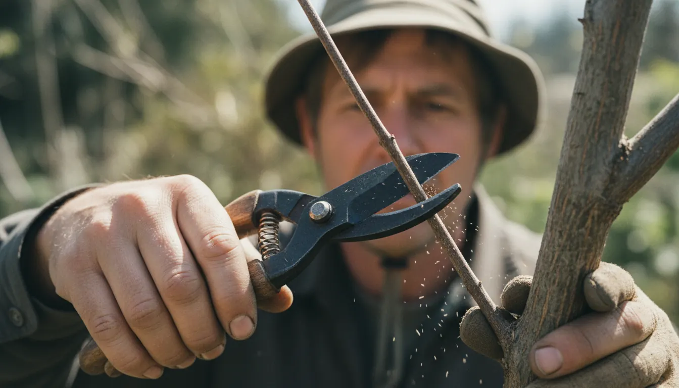 Hände die mit einer Bonsai-Schere präzise einen Trieb direkt über einem Blattknoten abschneiden