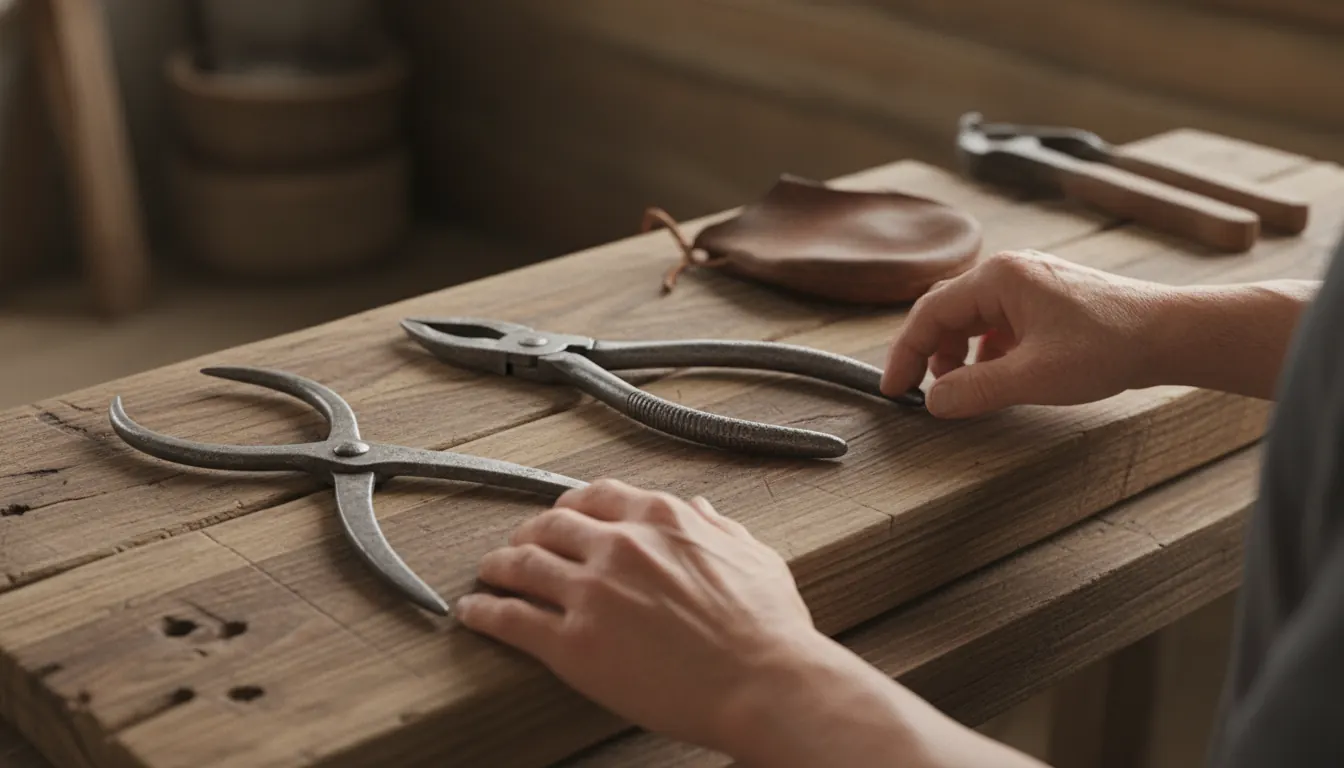 Professionelles Bonsai-Werkzeug-Set mit Bonsai-Schere, Astknipser und Drahtschere auf einem Holztisch neben einem kleinen Bonsai