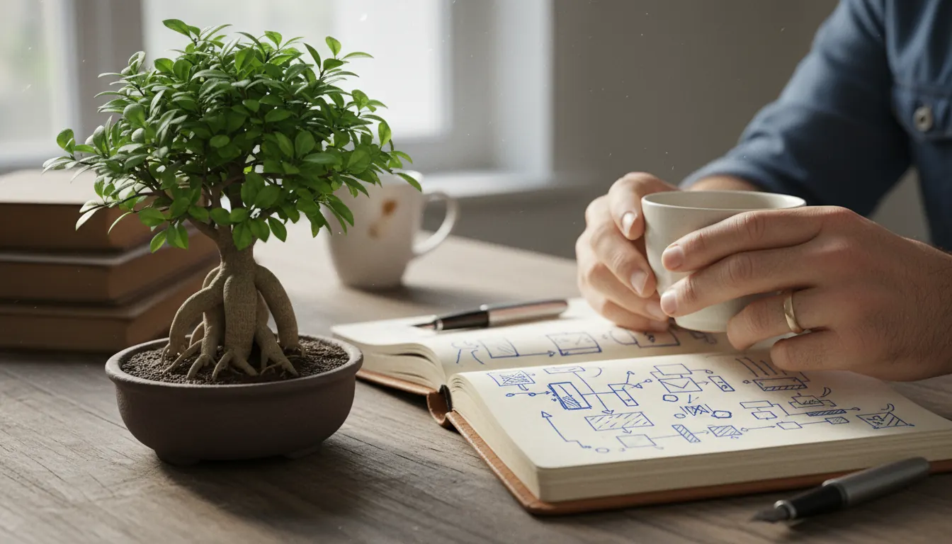 Bonsai Baum auf Schreibtisch neben Notizbuch mit strategischen Notizen