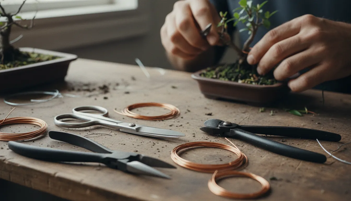 Bonsai Werkzeuge mit Schere Draht und Zangen auf Arbeitstisch