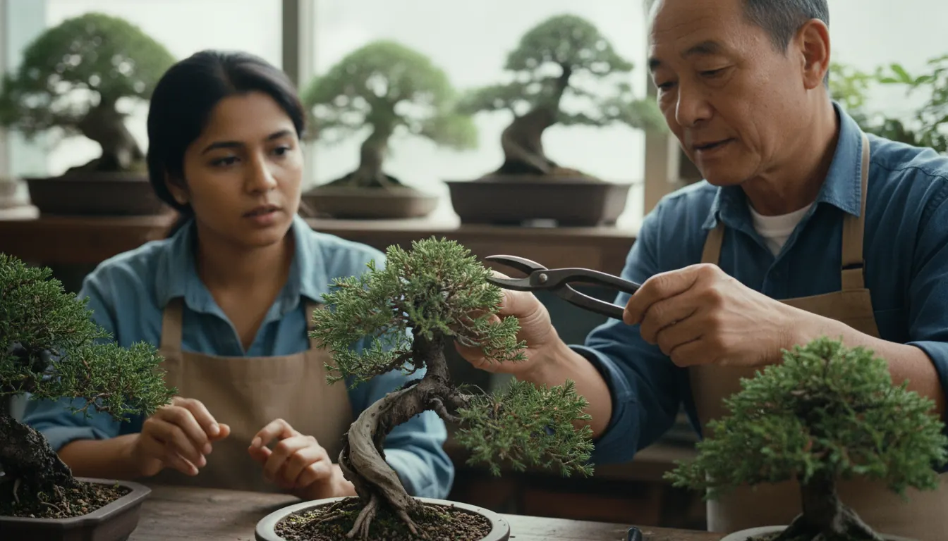 Dozent zeigt Teilnehmer die korrekte Schnittführung an einem Bonsai Baum