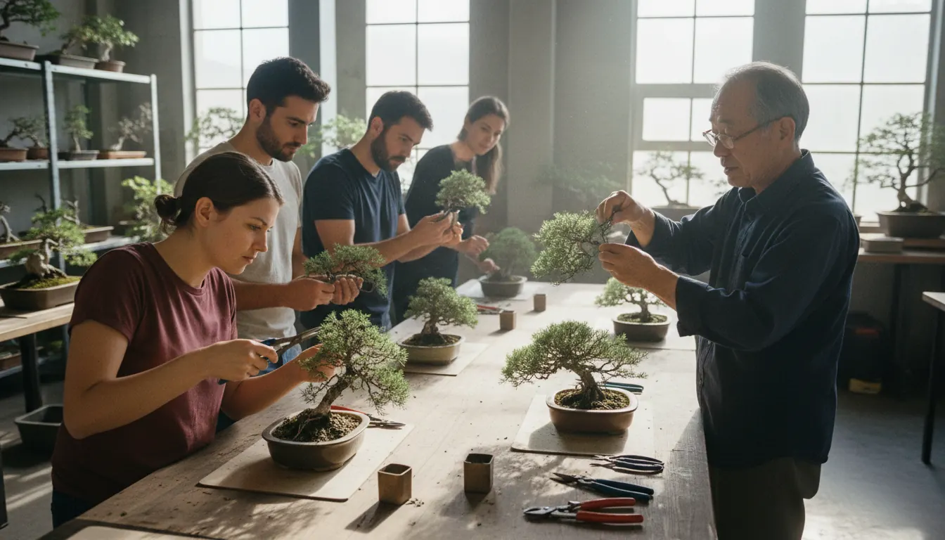 Bonsai Workshop mit Teilnehmern beim Erlernen von Schnitttechniken