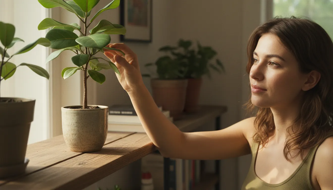 Gesunder Ginseng Bonsai mit typischer Knollenwurzel in einer flachen Keramikschale auf einem hellen Fensterbrett