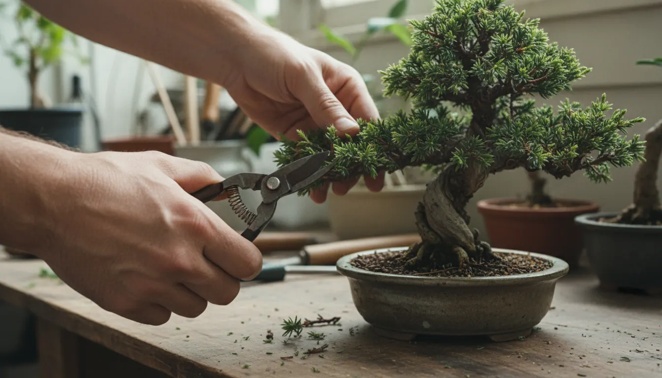 Hände mit Schere beim Schneiden eines Bonsai Baumes Nahaufnahme