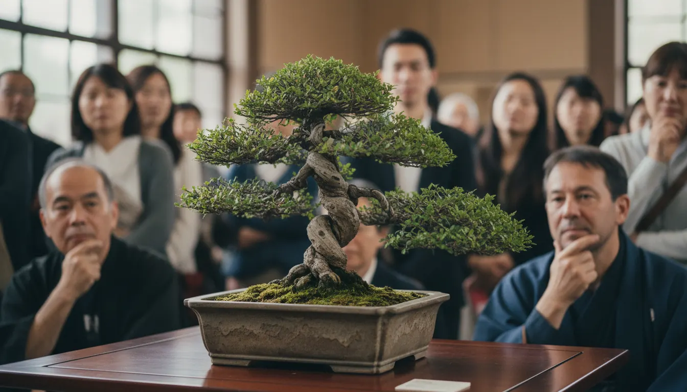Ausgereifter Bonsai Baum auf Ausstellungstisch in traditioneller Schale