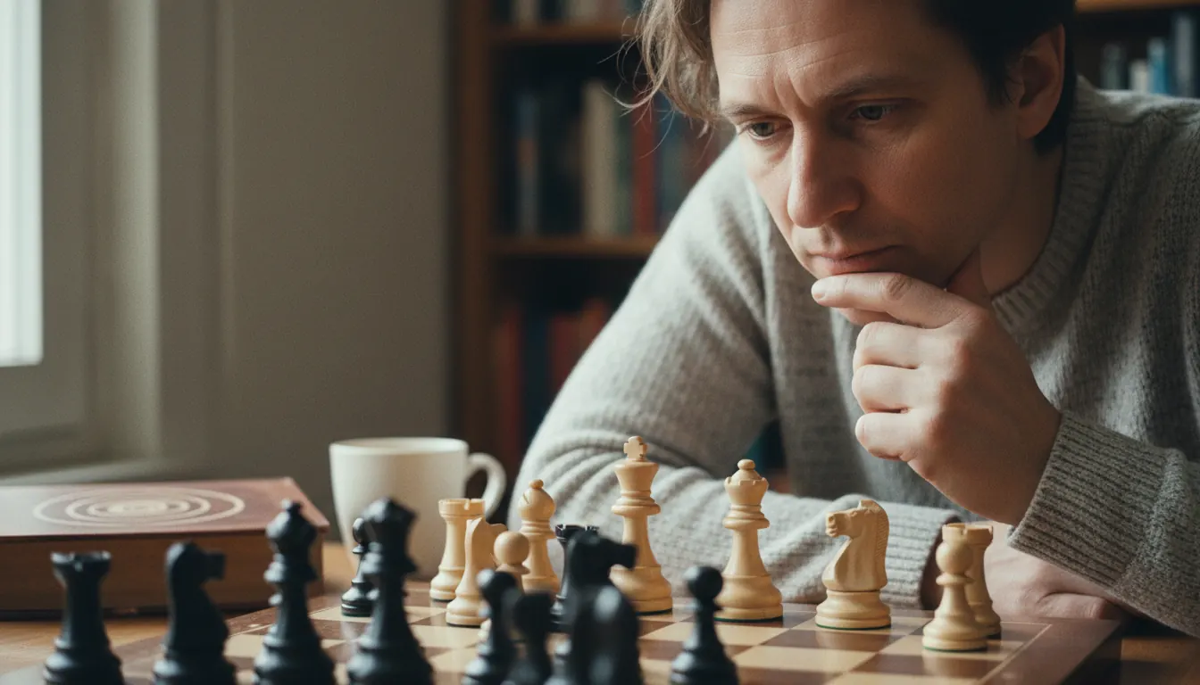 Person betrachtet nachdenklich Schachfiguren auf einem Tisch strategisches Denken